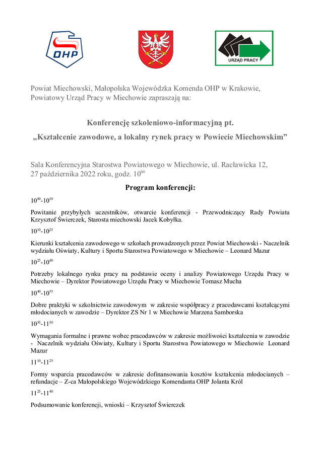 Program konferencji Kształcenie zawodowe, a lokalny rynek pracy w Powiecie Miechowskim